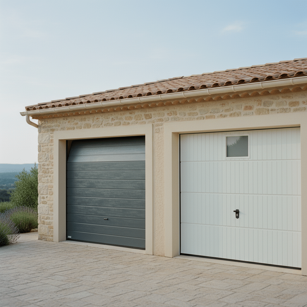 Deux portes de garage en aluminium sur maison moderne. Installation réalisée par ALVER, spécialiste menuiserie aluminium à Montpellier