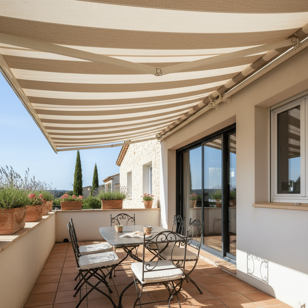 Terrasse avec baie vitrée en menuiserie aluminium et store extérieur, installation réalisée par ALVER à Montpellier et alentours.
